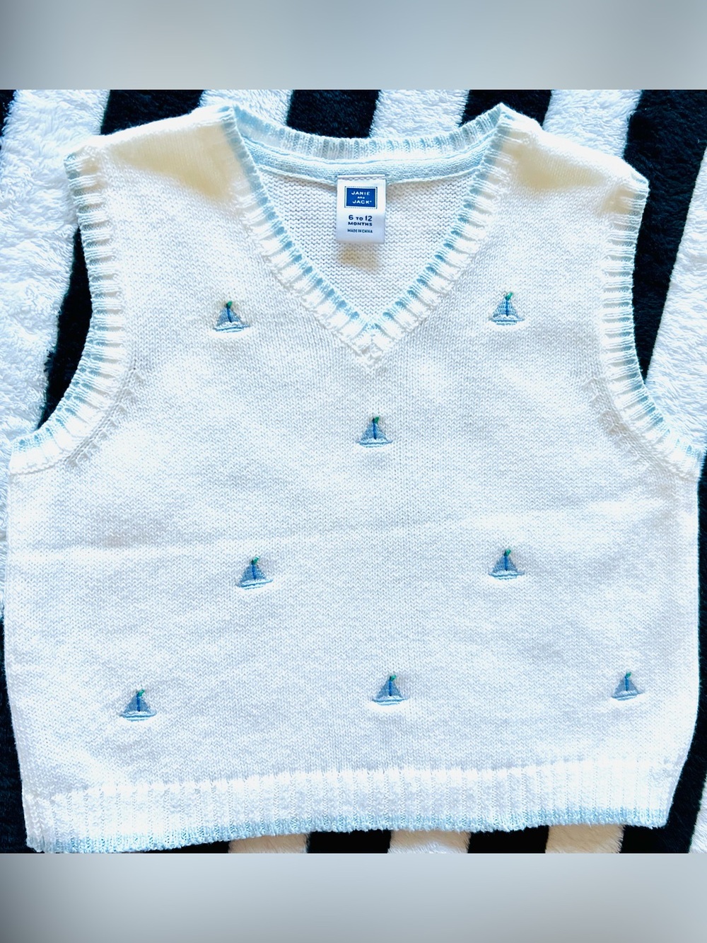 Janie and Jack White Knit V-Neck Vest with Blue Sailboat Embroidery